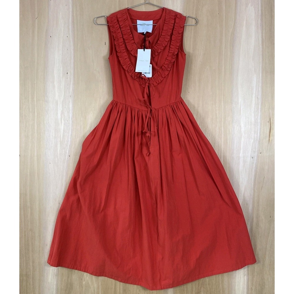 Naya Rea Free People Dress Womens‎ 4 Red Ruffle Cotton Midi Sleeveless Tie Waist